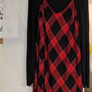 Spaghetti strap plaid dress with sheer long sleeve shirt